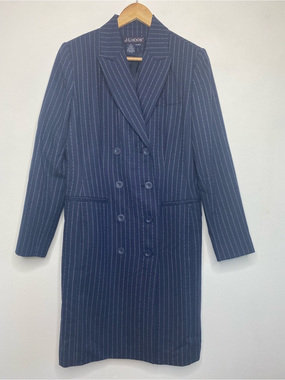 Vintage pin stripe Mid length double breasted Blazer Jacket Size 8 Classic Wool